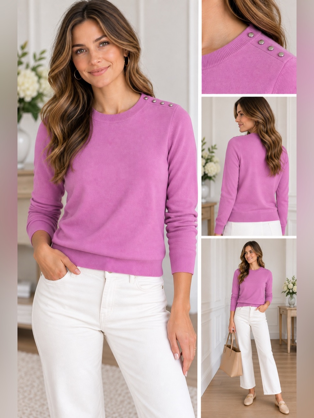 LOFT Pink Sweater S Silver Button Shoulder Detail Romantic Preppy Classic